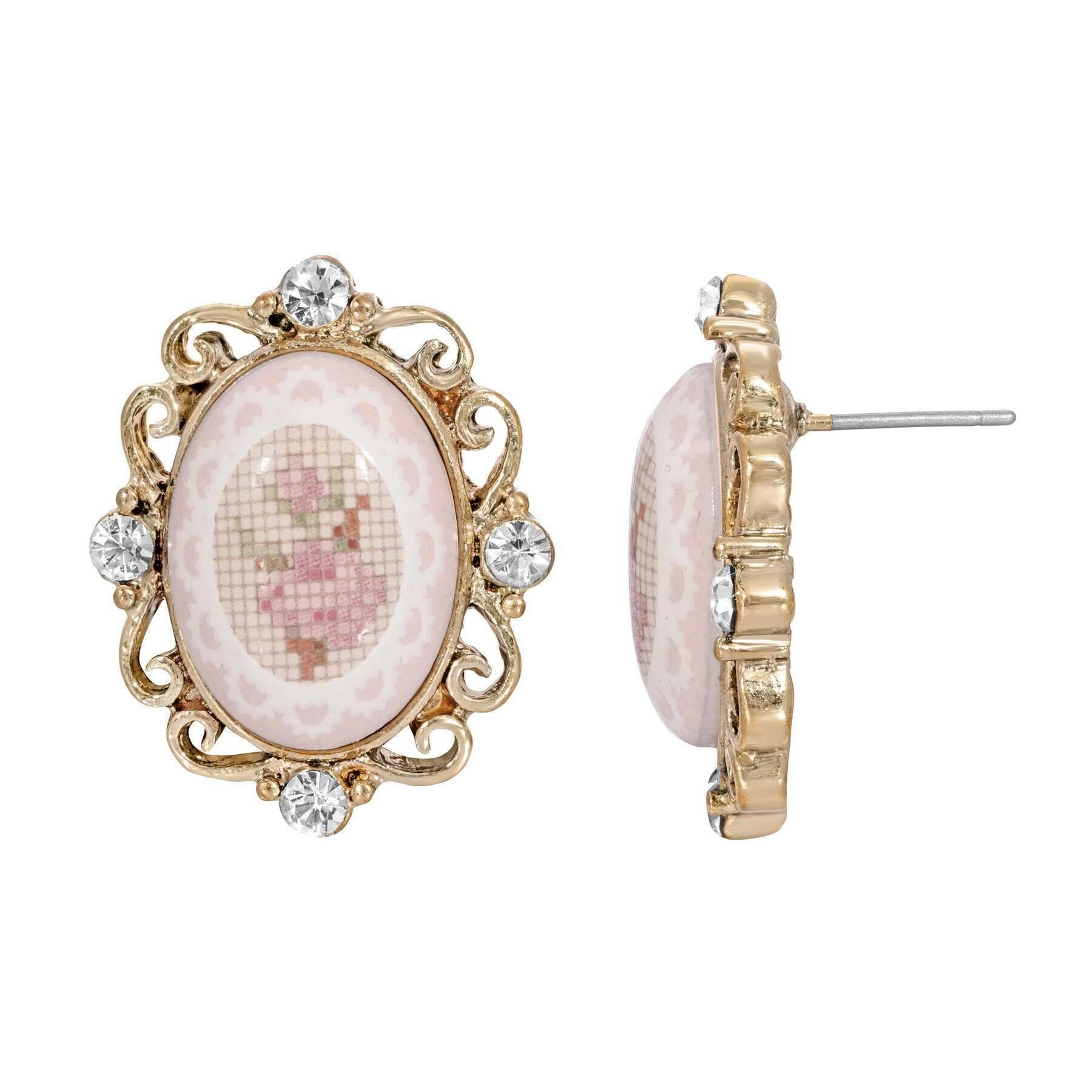 1928 Jewelry Oval Stitch Pattern Pink Rose Button Earrings