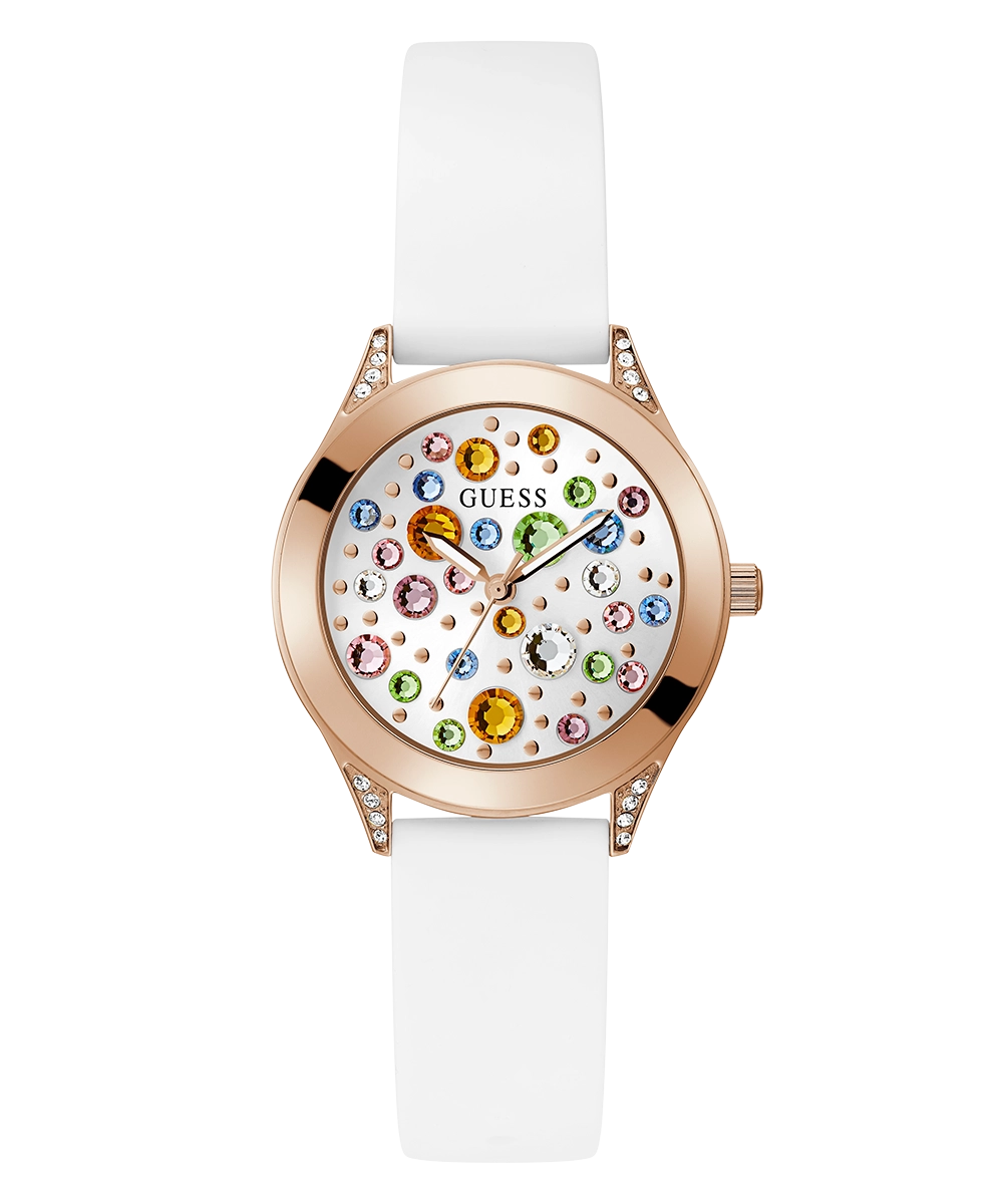 GUESS Ladies White Rose Gold Tone Analog Watch