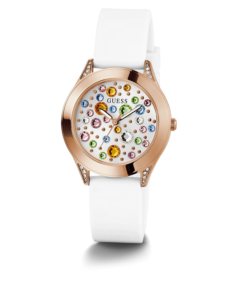 GUESS Ladies White Rose Gold Tone Analog Watch