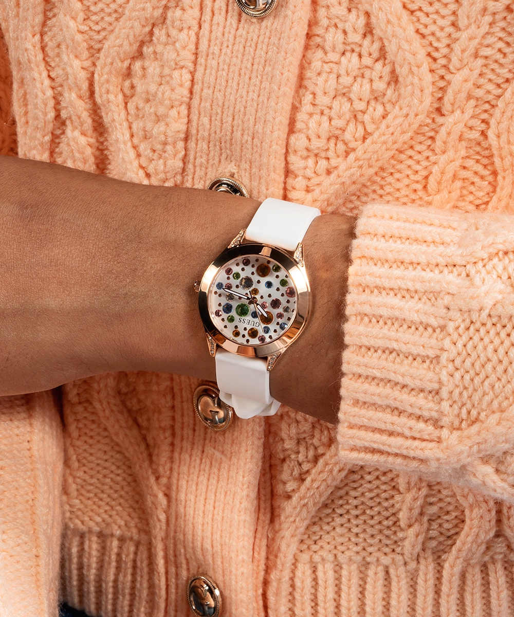 GUESS Ladies White Rose Gold Tone Analog Watch