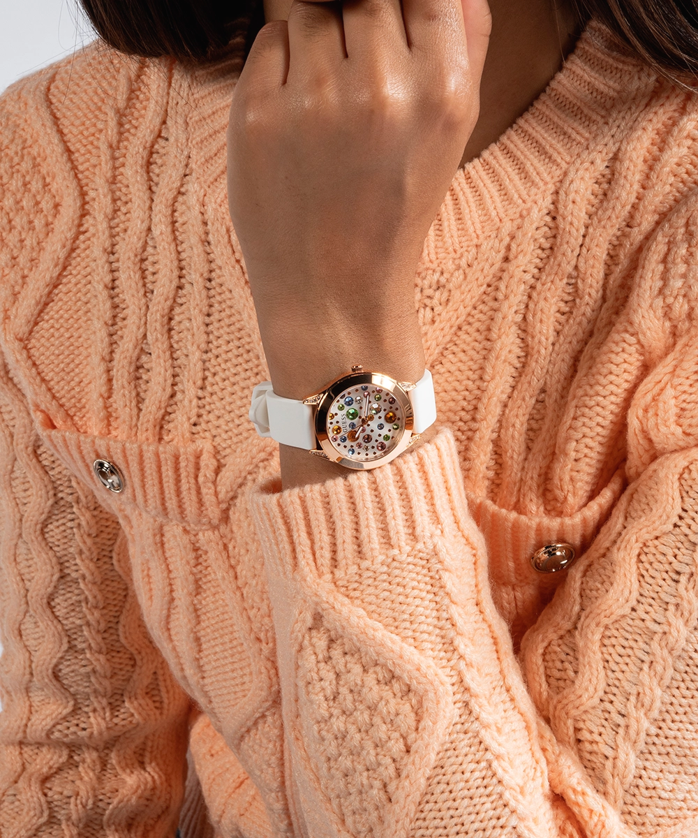 GUESS Ladies White Rose Gold Tone Analog Watch