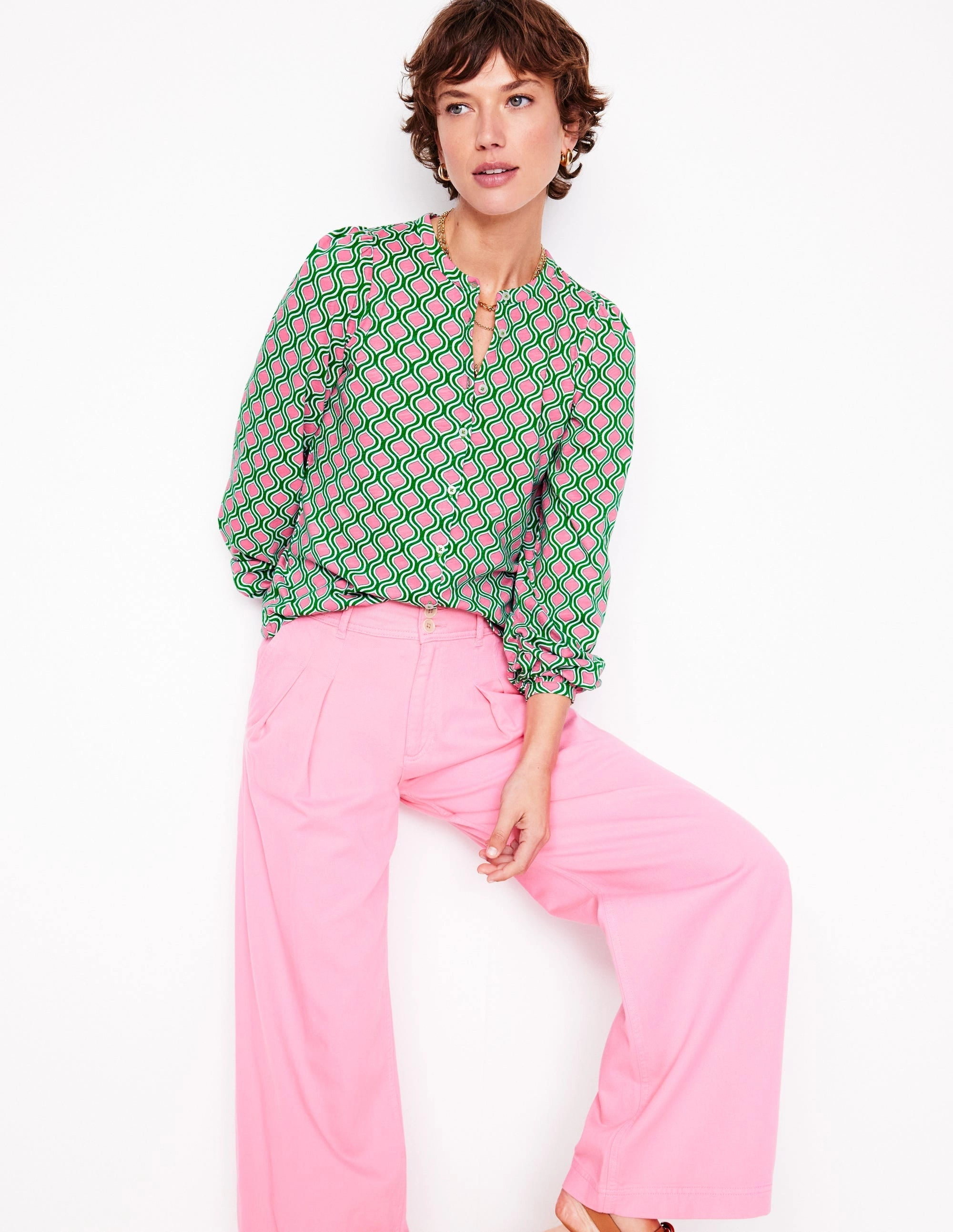 Marina Jersey Shirt-Rich Emerald. Geo Trellis